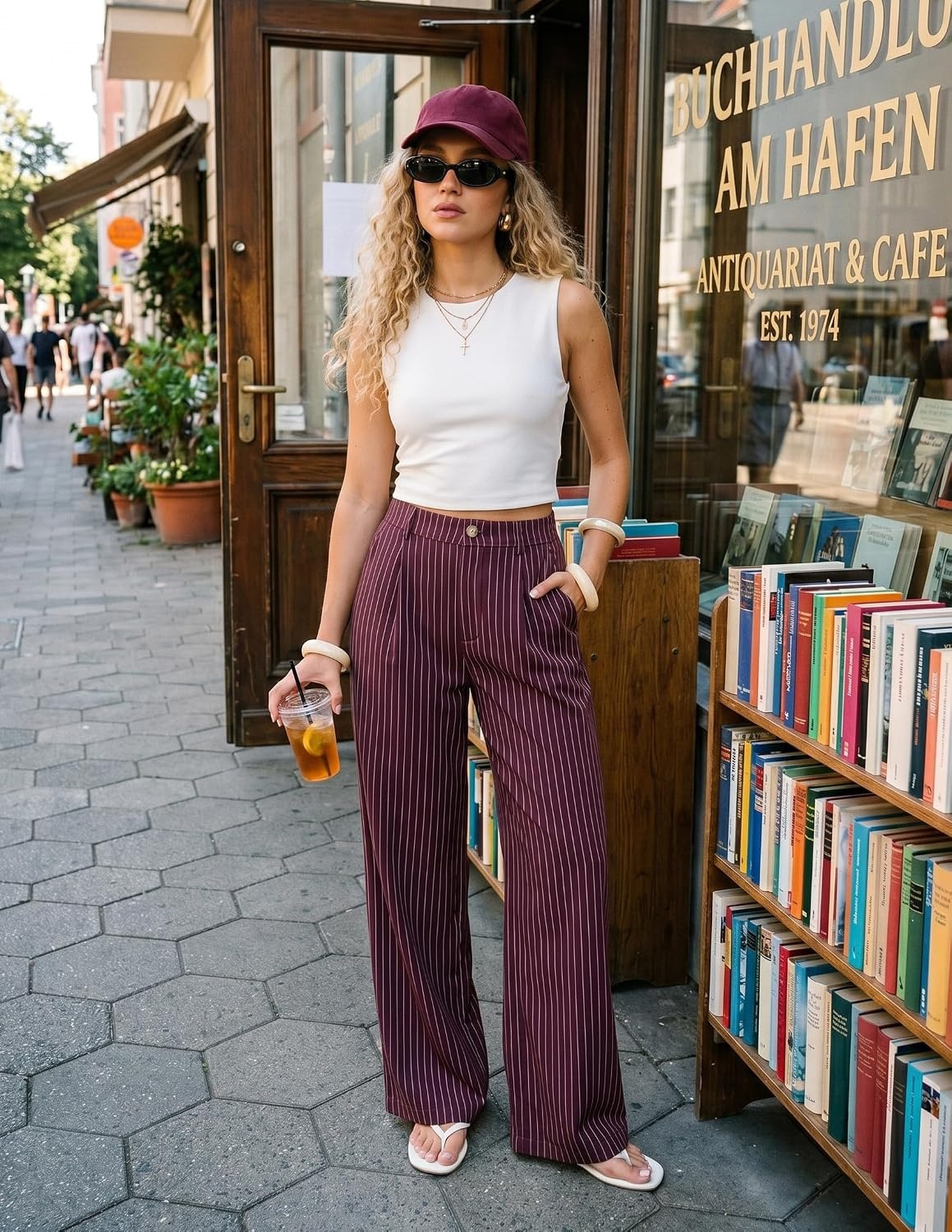 image:imageZESICA Womens Wide Leg Striped Palazzo Pants 2026 High Waist Straight Business Work Dressy Slacks Trousers with PocketsWine