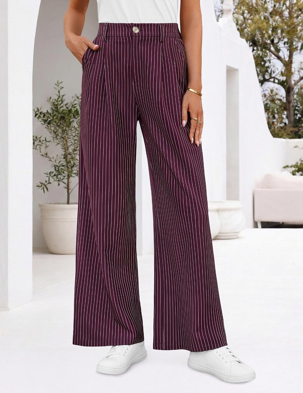 image:imageZESICA Womens Wide Leg Striped Palazzo Pants 2026 High Waist Straight Business Work Dressy Slacks Trousers with PocketsWine