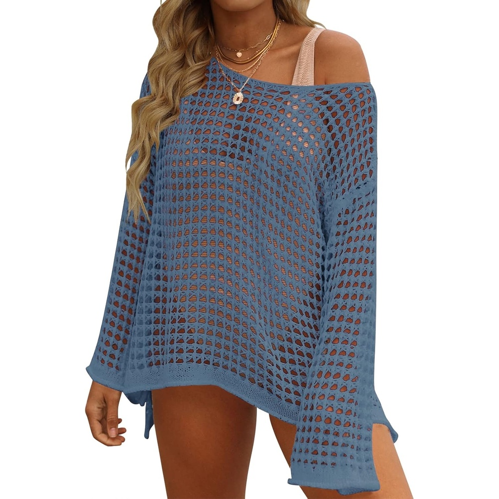 image:imageZESICA Womens 2026 Summer Crochet Hollow Out Long Sleeve Beach Bikini Swimsuit Mesh Cover Up Tunic TopDustyblue