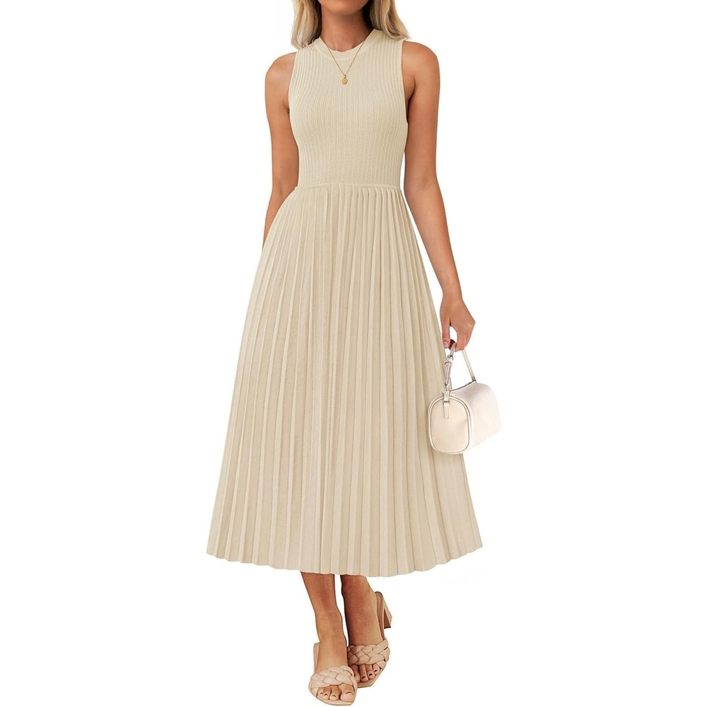 image:imageZESICA Womens Summer Sleeveless Sweater Dresses 2026 Crewneck Knit Pleated A Line Flowy Business Formal Party Midi DressApricot