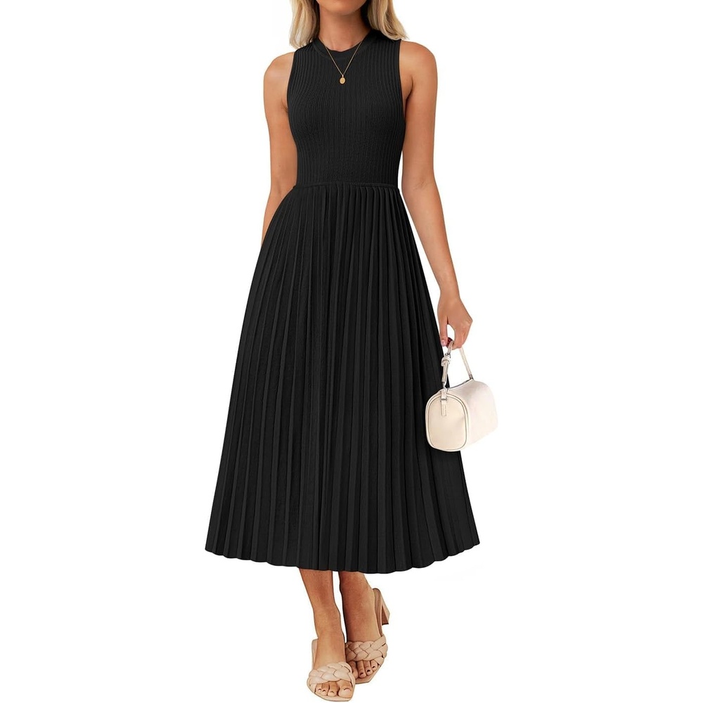 image:imageZESICA Womens Summer Sleeveless Sweater Dresses 2026 Crewneck Knit Pleated A Line Flowy Business Formal Party Midi DressBlack