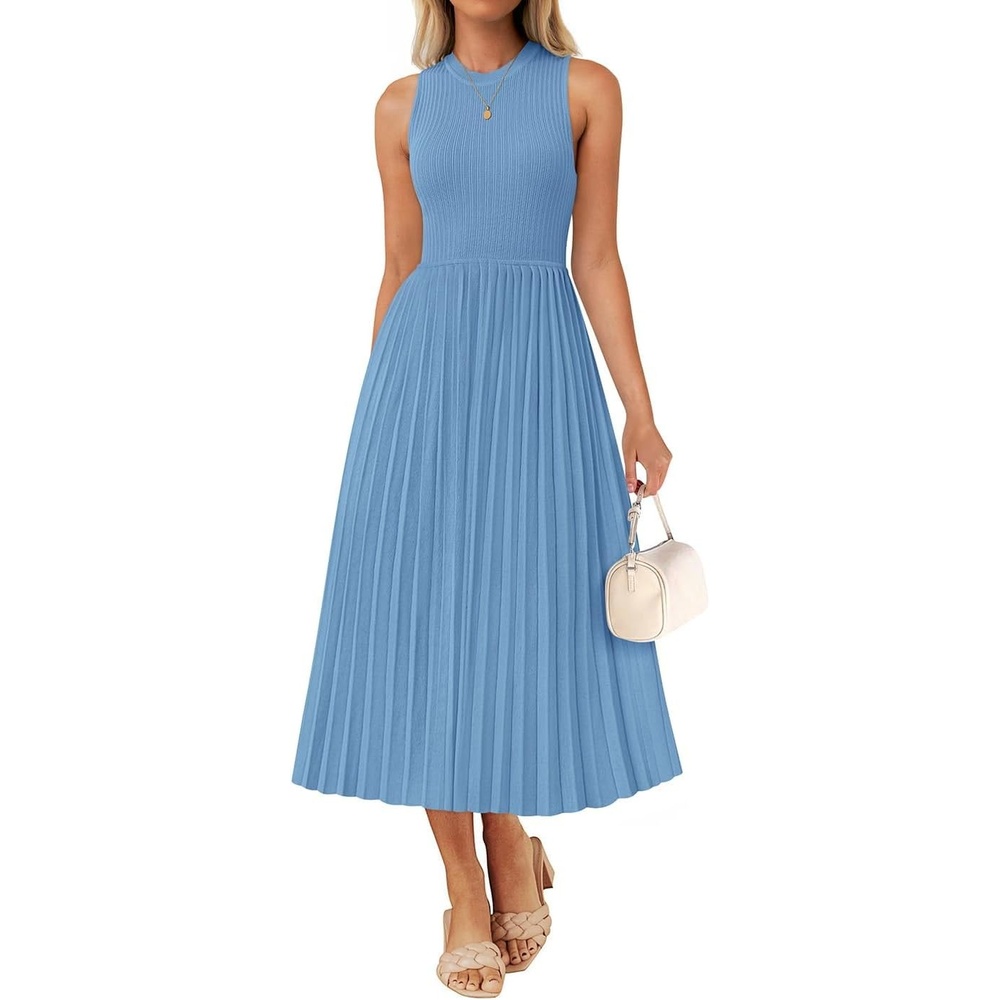 image:imageZESICA Womens Summer Sleeveless Sweater Dresses 2026 Crewneck Knit Pleated A Line Flowy Business Formal Party Midi DressDusty Blue