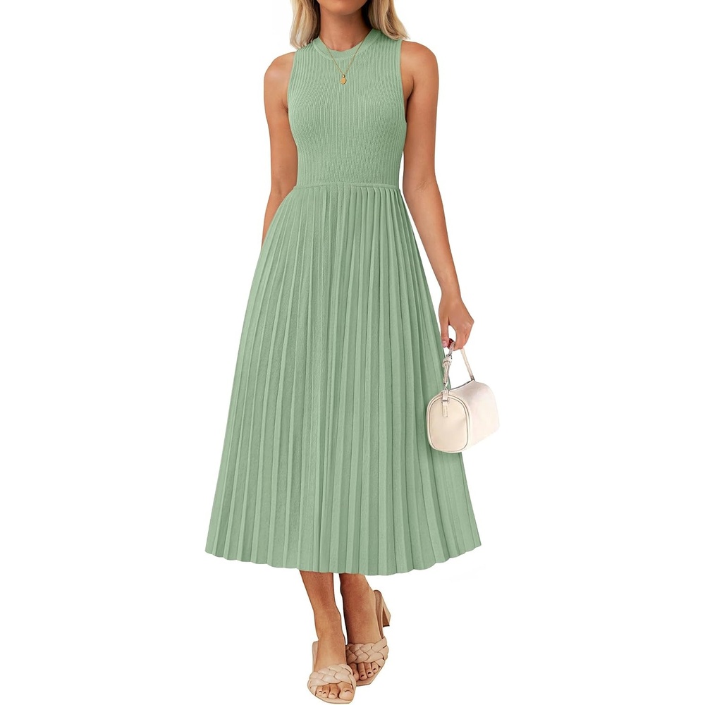 image:imageZESICA Womens Summer Sleeveless Sweater Dresses 2026 Crewneck Knit Pleated A Line Flowy Business Formal Party Midi DressGreen