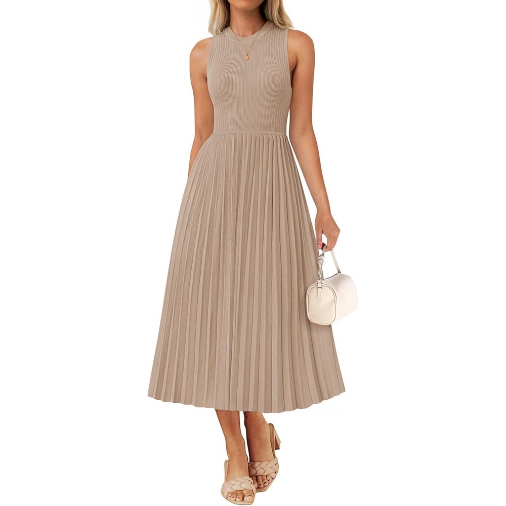 image:imageZESICA Womens Summer Sleeveless Sweater Dresses 2026 Crewneck Knit Pleated A Line Flowy Business Formal Party Midi DressKhaki