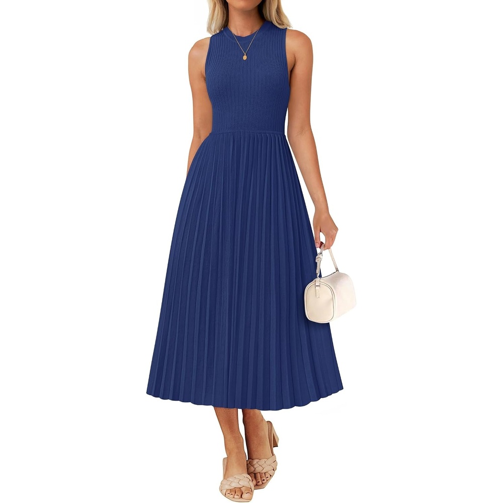image:imageZESICA Womens Summer Sleeveless Sweater Dresses 2026 Crewneck Knit Pleated A Line Flowy Business Formal Party Midi DressNavy