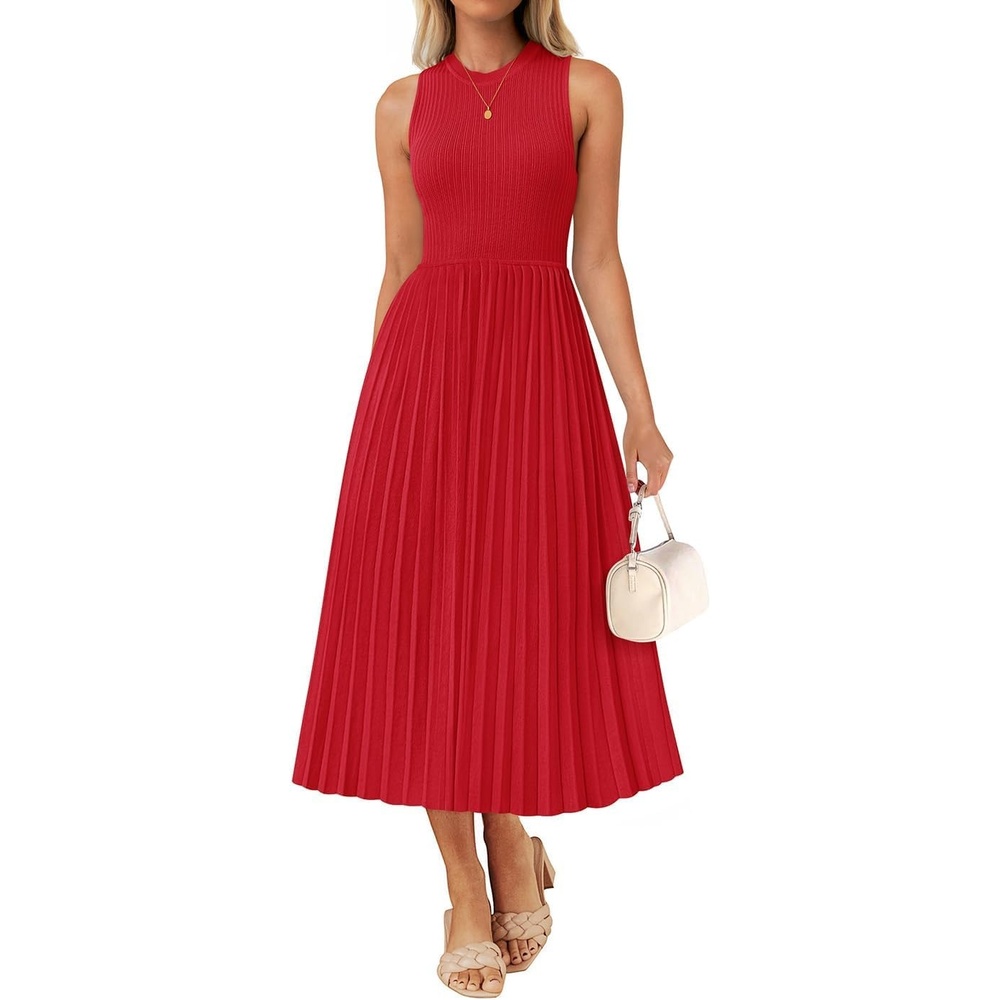 image:imageZESICA Womens Summer Sleeveless Sweater Dresses 2026 Crewneck Knit Pleated A Line Flowy Business Formal Party Midi DressRed