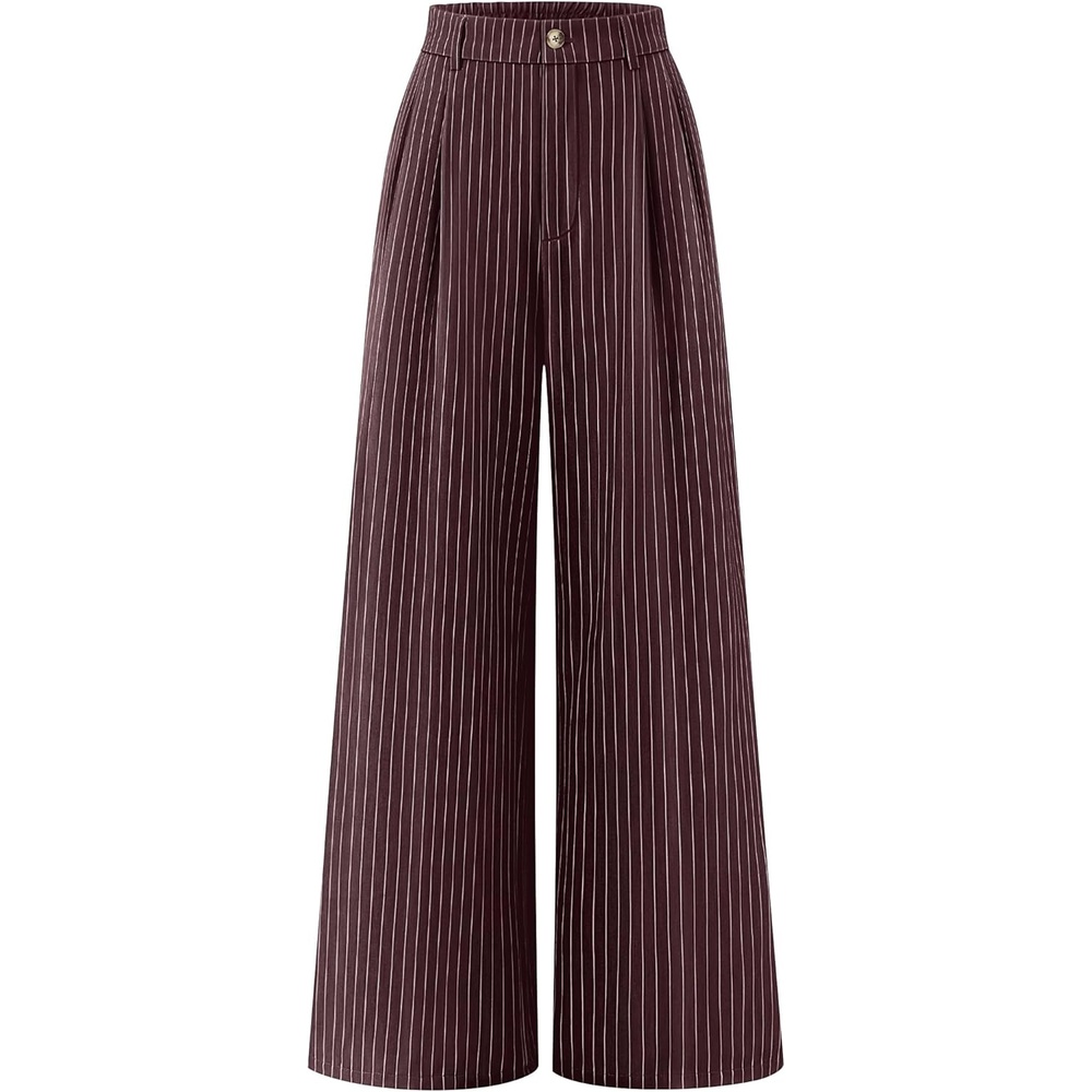 image:imageZESICA Womens Wide Leg Striped Palazzo Pants 2026 High Waist Straight Business Work Dressy Slacks Trousers with PocketsRedbrown