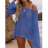ZESICA Women’s 2026 Summer Crochet Hollow Out Long Sleeve Beach Bikini Swimsuit Mesh Cover Up Tunic Top(Blue)