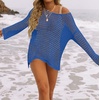 ZESICA Women’s 2026 Summer Crochet Hollow Out Long Sleeve Beach Bikini Swimsuit Mesh Cover Up Tunic Top(Blue)