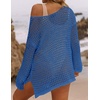 ZESICA Women’s 2026 Summer Crochet Hollow Out Long Sleeve Beach Bikini Swimsuit Mesh Cover Up Tunic Top(Blue)