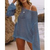 ZESICA Women’s 2026 Summer Crochet Hollow Out Long Sleeve Beach Bikini Swimsuit Mesh Cover Up Tunic Top(Dustyblue)