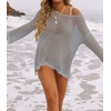 ZESICA Women’s 2026 Summer Crochet Hollow Out Long Sleeve Beach Bikini Swimsuit Mesh Cover Up Tunic Top(Grey)