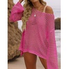 ZESICA Women’s 2026 Summer Crochet Hollow Out Long Sleeve Beach Bikini Swimsuit Mesh Cover Up Tunic Top(Rosepink)
