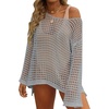 ZESICA Women’s 2026 Summer Crochet Hollow Out Long Sleeve Beach Bikini Swimsuit Mesh Cover Up Tunic Top(Grey)