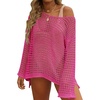 ZESICA Women’s 2026 Summer Crochet Hollow Out Long Sleeve Beach Bikini Swimsuit Mesh Cover Up Tunic Top(Rosepink)