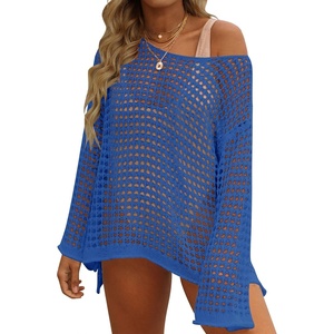 ZESICA Women’s 2026 Summer Crochet Hollow Out Long Sleeve Beach Bikini Swimsuit Mesh Cover Up Tunic Top(Blue)