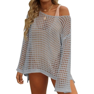 ZESICA Women’s 2026 Summer Crochet Hollow Out Long Sleeve Beach Bikini Swimsuit Mesh Cover Up Tunic Top(Grey)