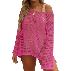 ZESICA Women’s 2026 Summer Crochet Hollow Out Long Sleeve Beach Bikini Swimsuit Mesh Cover Up Tunic Top(Rosepink)