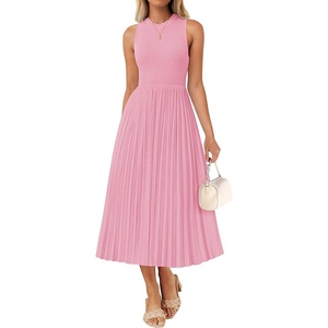 ZESICA Women’s Summer Sleeveless Sweater Dresses 2026 Crewneck Knit Pleated A Line Flowy Business Formal Party Midi Dress(Pink)
