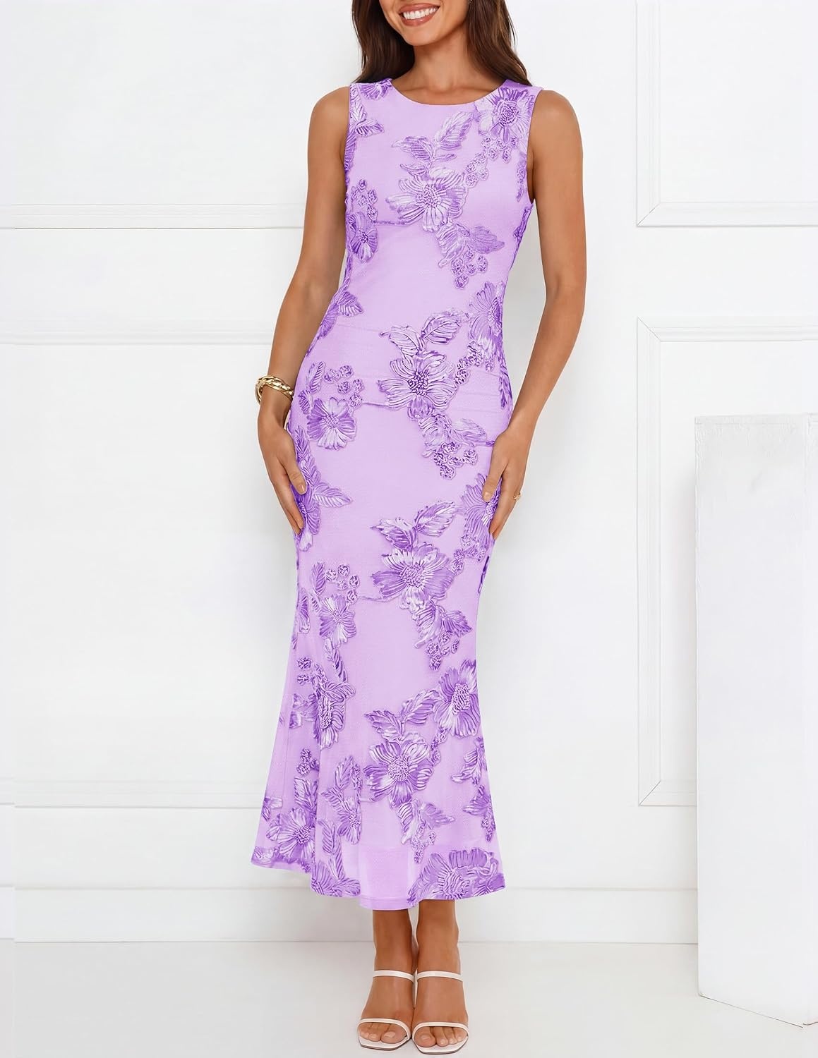 image:imageZESICA Womens 2026 Summer Floral Wedding Guest Midi Dress Sleeveless Mesh Slit Bodycon Formal Cocktail Party DressesPurple