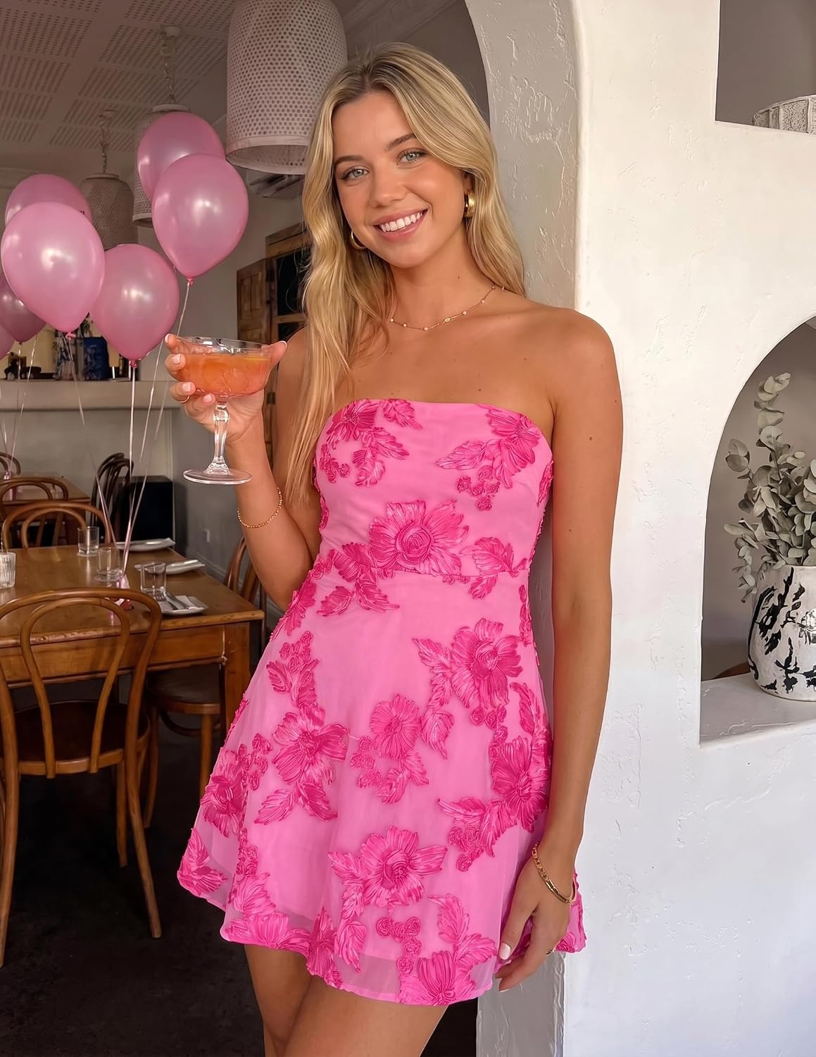 image:imageZESICA Womens 2026 Summer Strapless Floral Mini Dress 3D Embroidered Mesh ALine Tube Top Off Shoulder Short Dresses for Wedding Guest Cocktail Formal Party Beach VacationRose