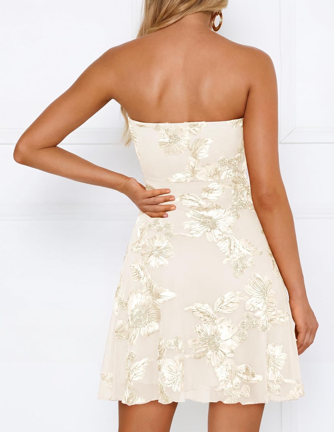 image:imageZESICA Womens 2026 Summer Strapless Floral Mini Dress 3D Embroidered Mesh ALine Tube Top Off Shoulder Short Dresses for Wedding Guest Cocktail Formal Party Beach VacationApricot