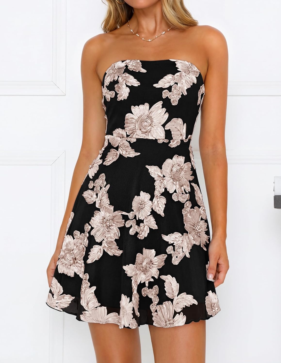 image:imageZESICA Womens 2026 Summer Strapless Floral Mini Dress 3D Embroidered Mesh ALine Tube Top Off Shoulder Short Dresses for Wedding Guest Cocktail Formal Party Beach VacationBlack