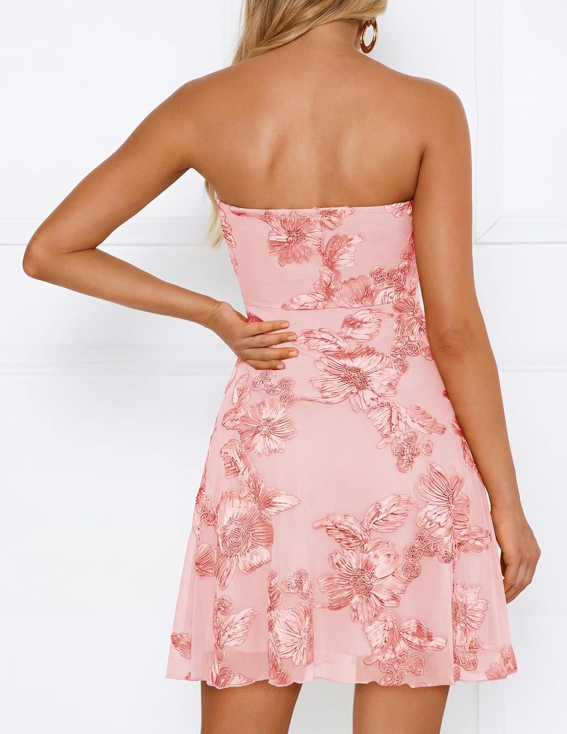 image:imageZESICA Womens 2026 Summer Strapless Floral Mini Dress 3D Embroidered Mesh ALine Tube Top Off Shoulder Short Dresses for Wedding Guest Cocktail Formal Party Beach VacationPink
