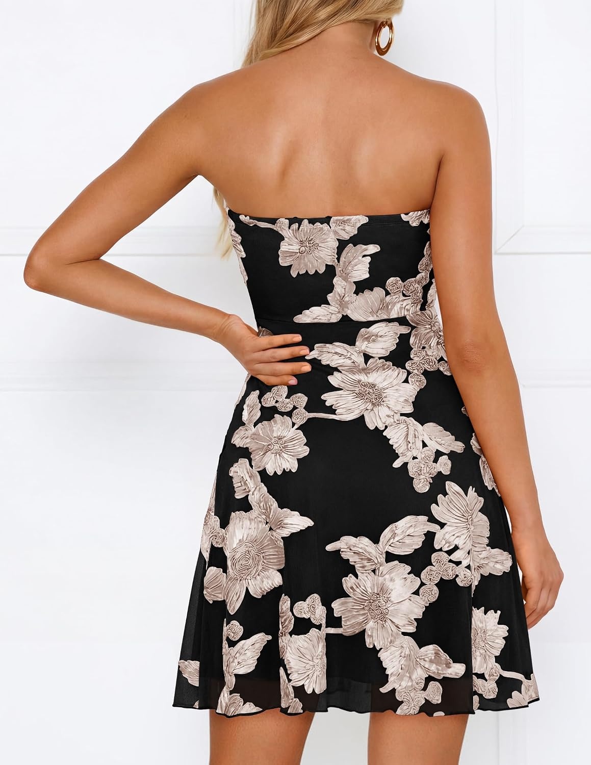 image:imageZESICA Womens 2026 Summer Strapless Floral Mini Dress 3D Embroidered Mesh ALine Tube Top Off Shoulder Short Dresses for Wedding Guest Cocktail Formal Party Beach VacationBlack