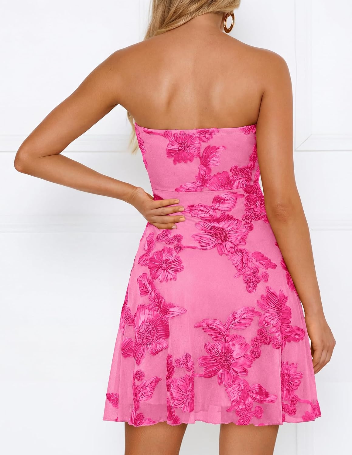 image:imageZESICA Womens 2026 Summer Strapless Floral Mini Dress 3D Embroidered Mesh ALine Tube Top Off Shoulder Short Dresses for Wedding Guest Cocktail Formal Party Beach VacationRose