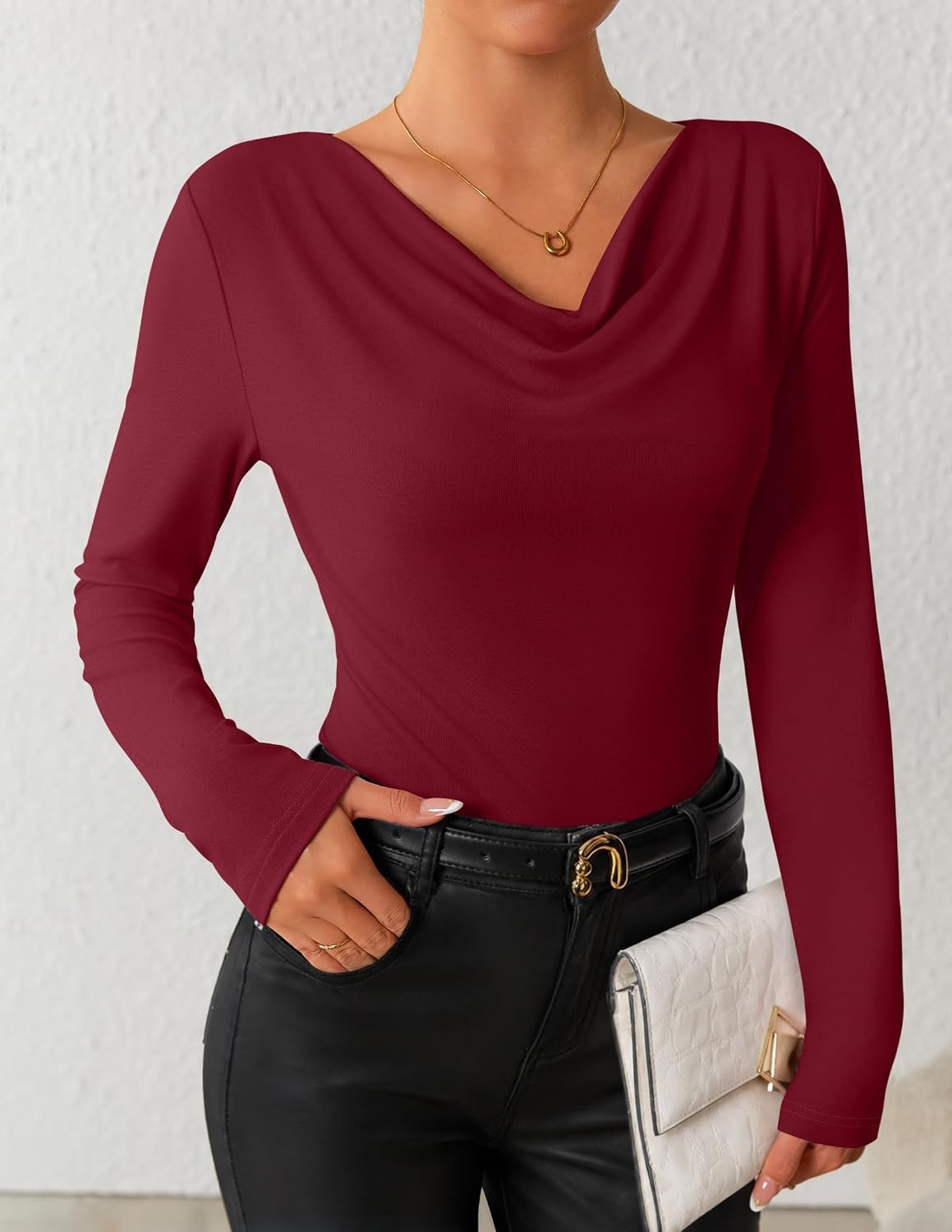 image:imageZESICA Womens Cowl Neck Business Casual Long Sleeve Tops Work Office Shirts Tunic Tops Slim Fit Dressy Cute Trendy Blouse 2026 Fall Fashion Clothing Knit Thermal Layering OutfitWine