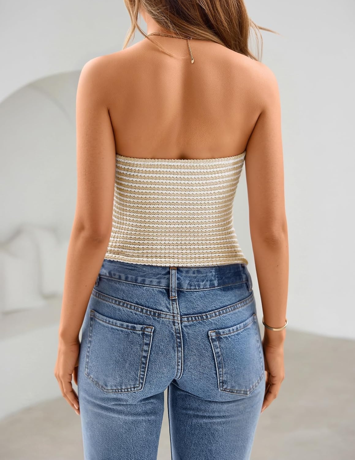 image:imageZESICA Womens Striped Strapless Crop Tube Tops 2026 Summer Backless Knit Bandeau Shirts Going Out Tank Top Fashion OutfitsApricot