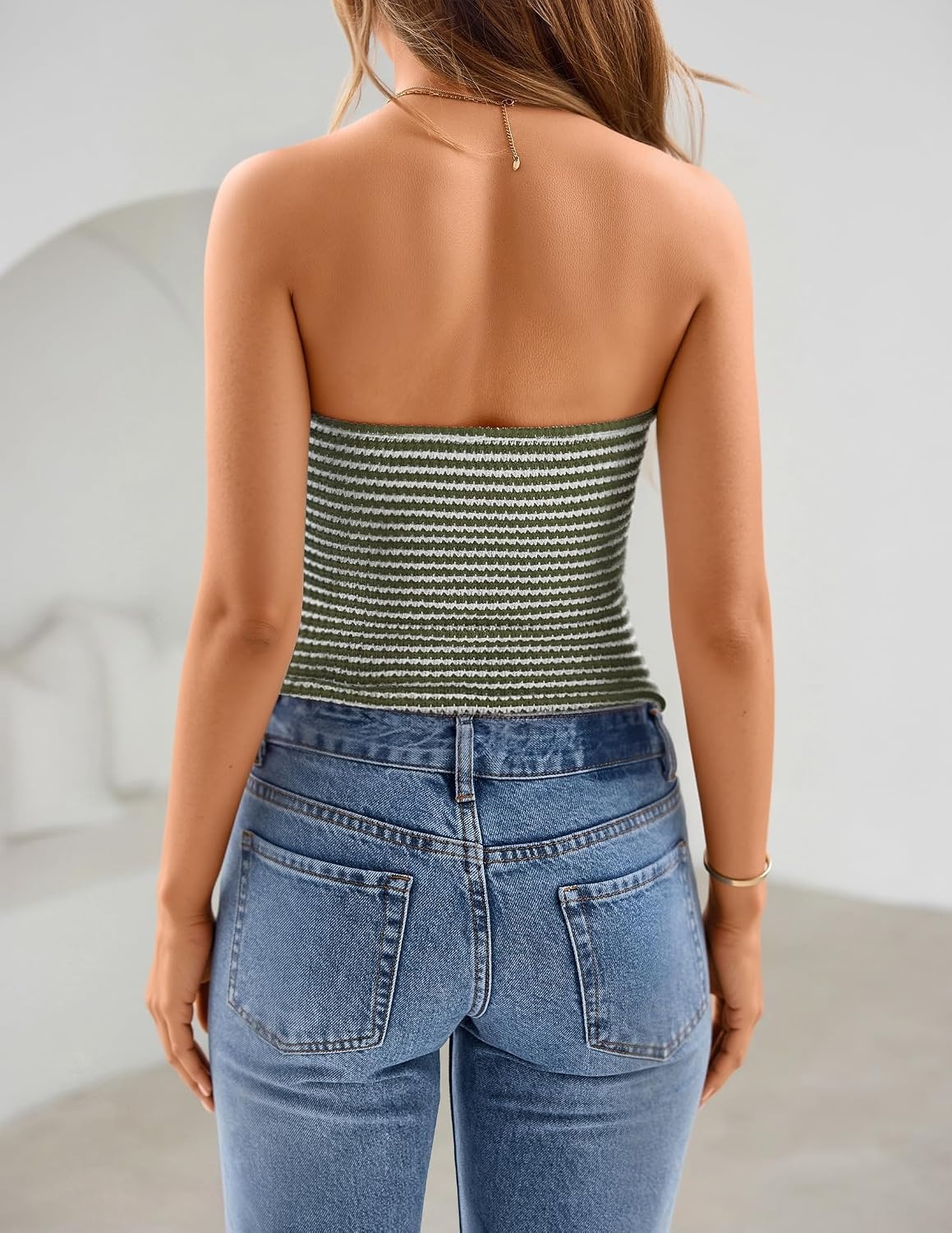 image:imageZESICA Womens Striped Strapless Crop Tube Tops 2026 Summer Backless Knit Bandeau Shirts Going Out Tank Top Fashion OutfitsArmygreen