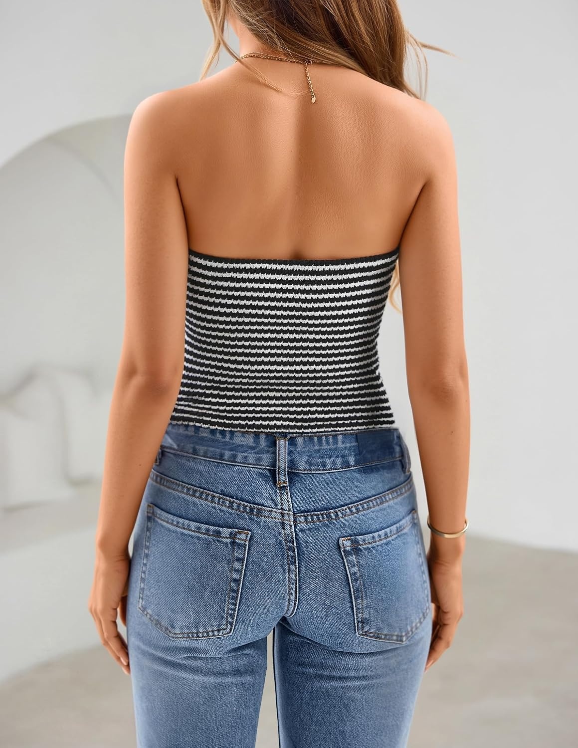image:imageZESICA Womens Striped Strapless Crop Tube Tops 2026 Summer Backless Knit Bandeau Shirts Going Out Tank Top Fashion OutfitsBlack