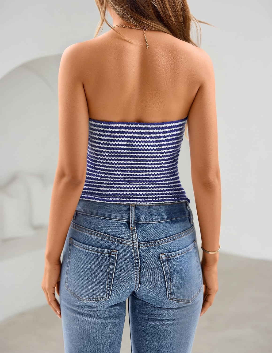 image:imageZESICA Womens Striped Strapless Crop Tube Tops 2026 Summer Backless Knit Bandeau Shirts Going Out Tank Top Fashion OutfitsBlue