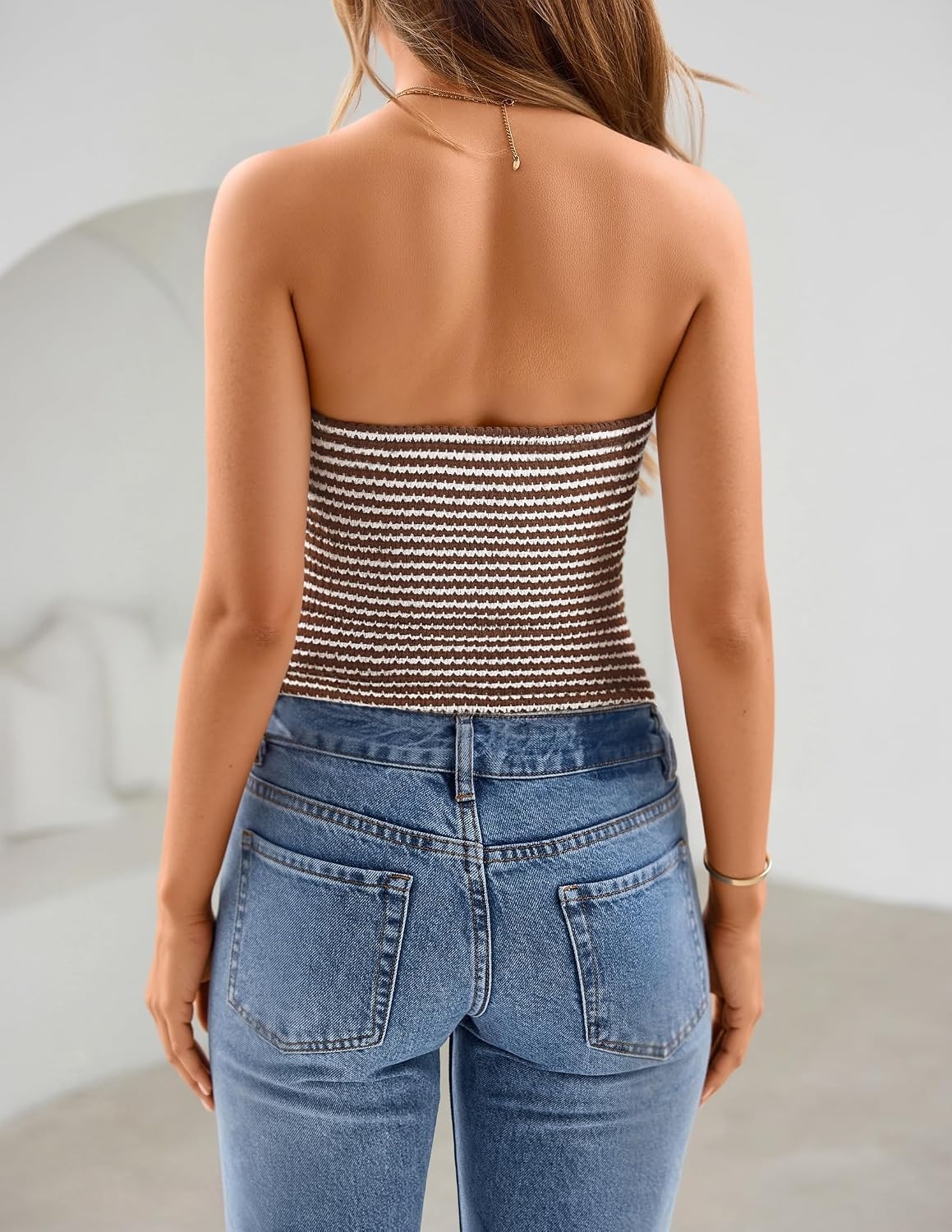 image:imageZESICA Womens Striped Strapless Crop Tube Tops 2026 Summer Backless Knit Bandeau Shirts Going Out Tank Top Fashion OutfitsBrown