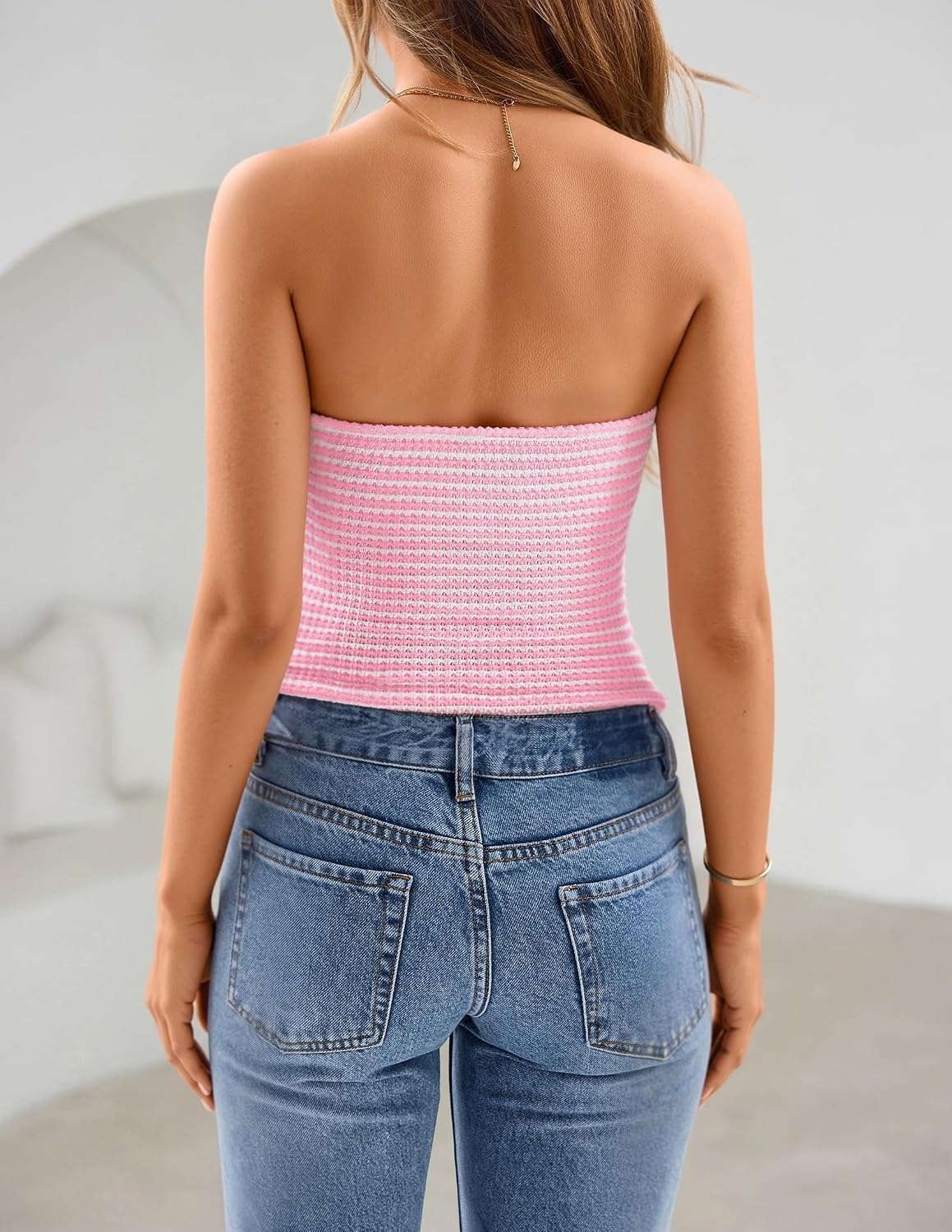 image:imageZESICA Womens Striped Strapless Crop Tube Tops 2026 Summer Backless Knit Bandeau Shirts Going Out Tank Top Fashion OutfitsPink