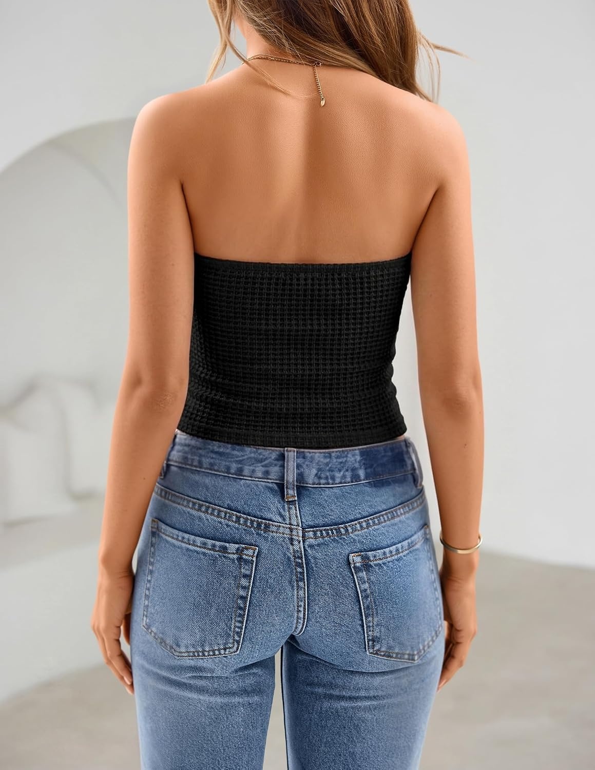 image:imageZESICA Womens Striped Strapless Crop Tube Tops 2026 Summer Backless Knit Bandeau Shirts Going Out Tank Top Fashion OutfitsSolidblack