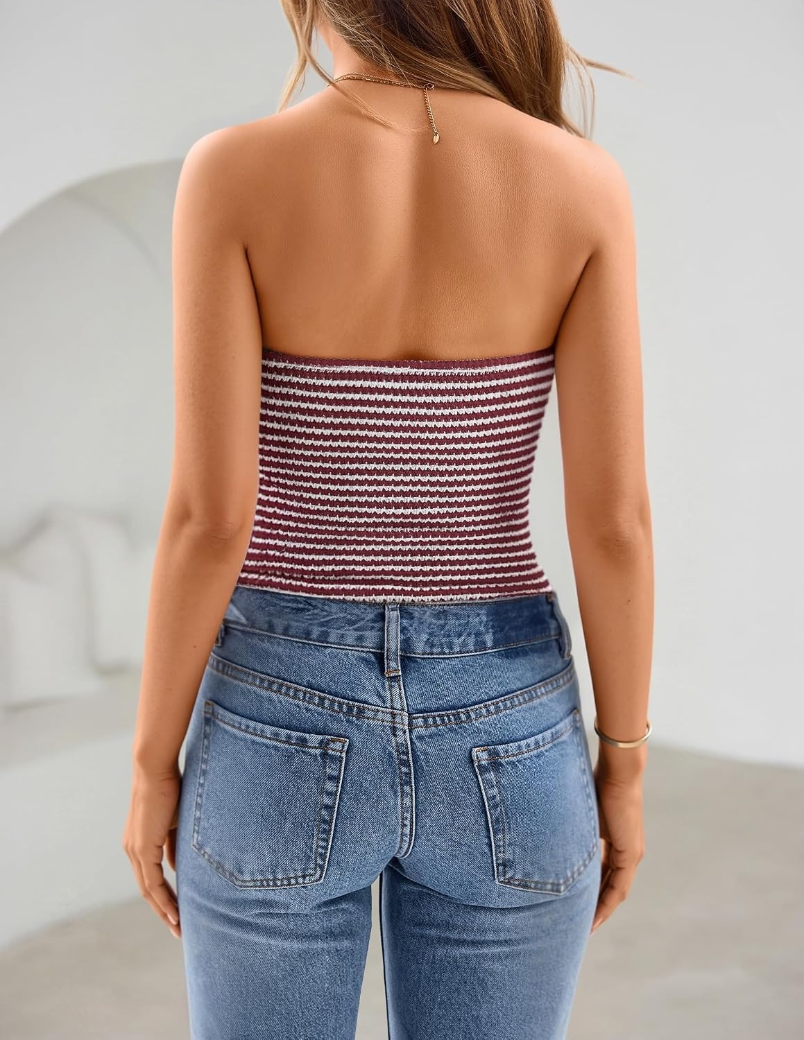 image:imageZESICA Womens Striped Strapless Crop Tube Tops 2026 Summer Backless Knit Bandeau Shirts Going Out Tank Top Fashion OutfitsWine