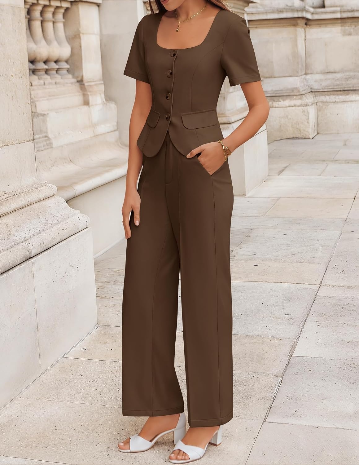 image:imageZESICA Womens Summer Two Pieces Suits Set 2026 Short Sleeve Blazer Wide Leg Pants Business Casual Outfits SetsBrown