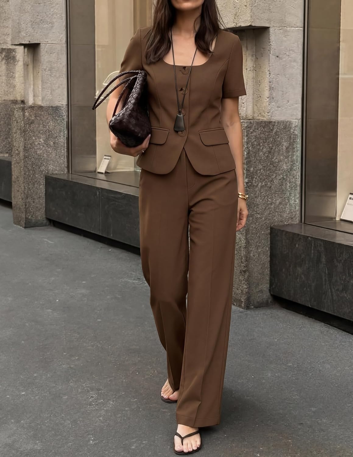 image:imageZESICA Womens Summer Two Pieces Suits Set 2026 Short Sleeve Blazer Wide Leg Pants Business Casual Outfits SetsBrown