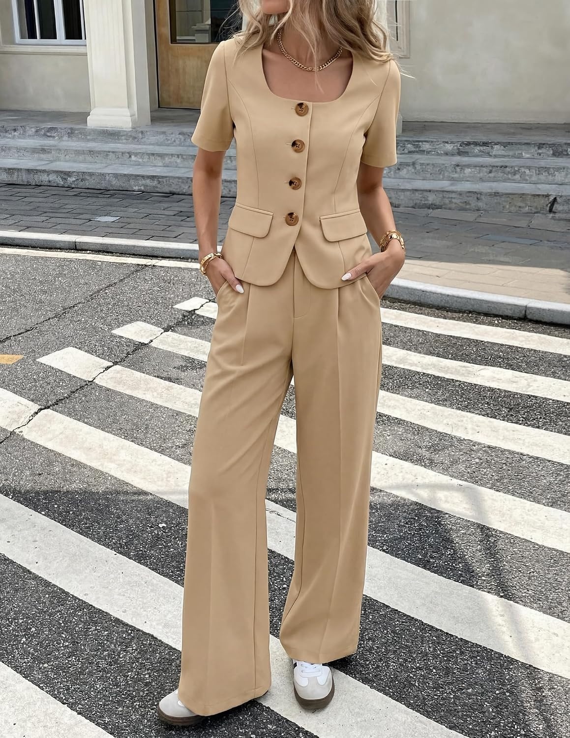 image:imageZESICA Womens Summer Two Pieces Suits Set 2026 Short Sleeve Blazer Wide Leg Pants Business Casual Outfits SetsKhaki