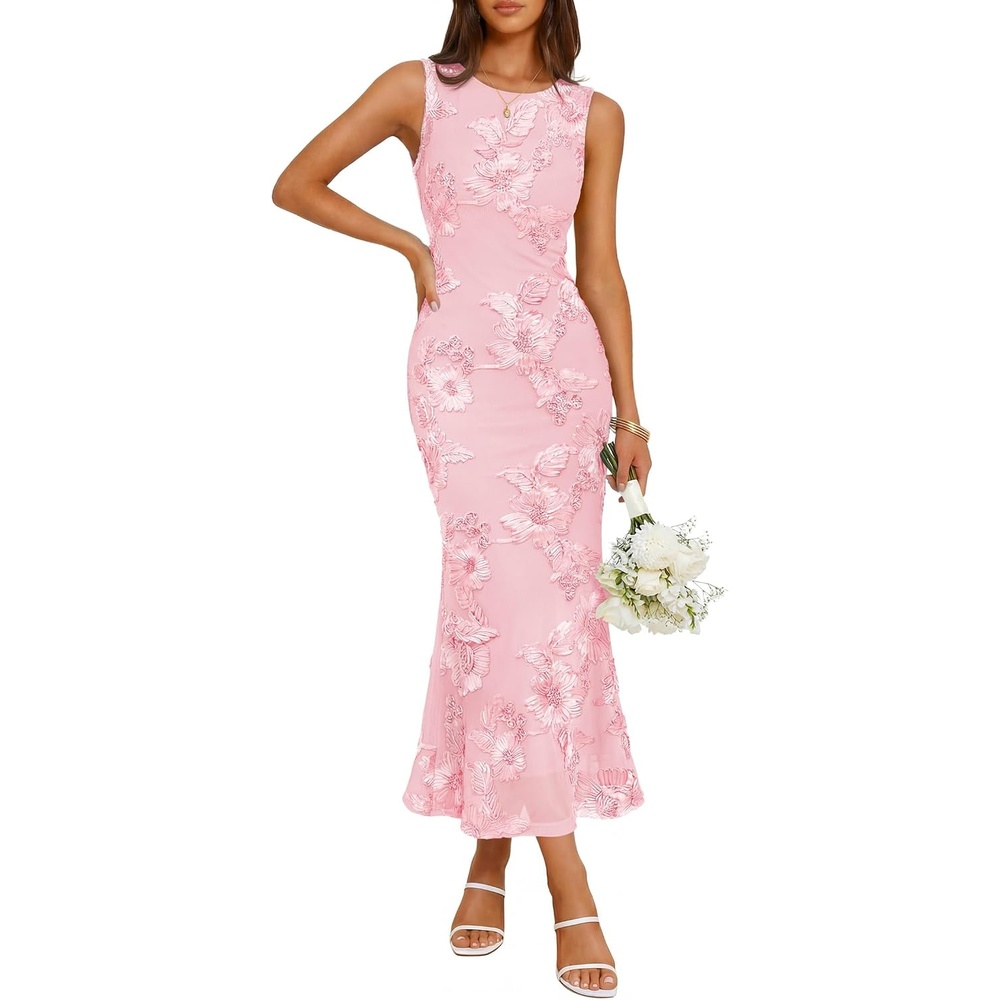 image:imageZESICA Womens 2026 Summer Floral Wedding Guest Midi Dress Sleeveless Mesh Slit Bodycon Formal Cocktail Party DressesLightpink