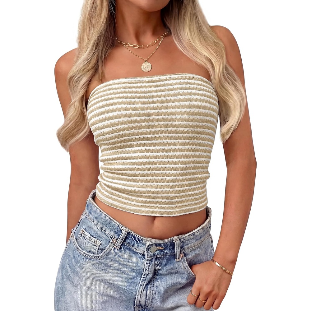 image:imageZESICA Womens Striped Strapless Crop Tube Tops 2026 Summer Backless Knit Bandeau Shirts Going Out Tank Top Fashion OutfitsApricot