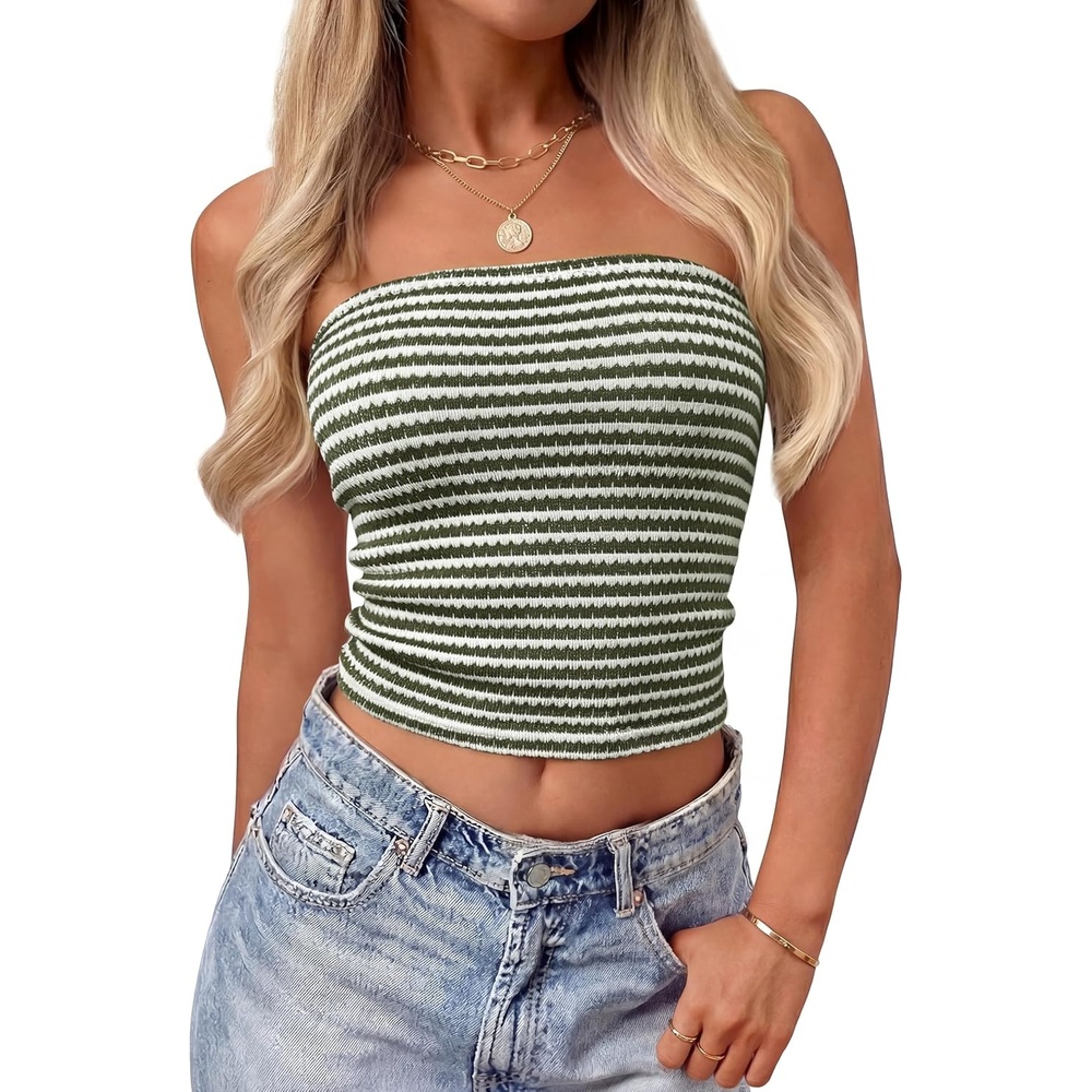 image:imageZESICA Womens Striped Strapless Crop Tube Tops 2026 Summer Backless Knit Bandeau Shirts Going Out Tank Top Fashion OutfitsArmygreen