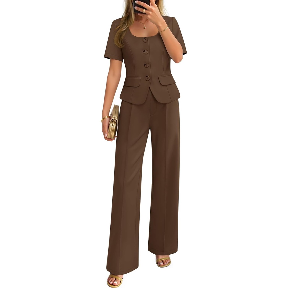image:imageZESICA Womens Summer Two Pieces Suits Set 2026 Short Sleeve Blazer Wide Leg Pants Business Casual Outfits SetsBrown