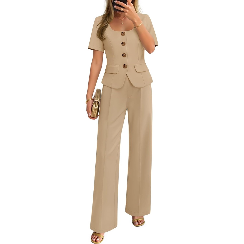 image:imageZESICA Womens Summer Two Pieces Suits Set 2026 Short Sleeve Blazer Wide Leg Pants Business Casual Outfits SetsKhaki