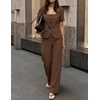 ZESICA Women’s Summer Two Pieces Suits Set 2026 Short Sleeve Blazer Wide Leg Pants Business Casual Outfits Sets(Brown)