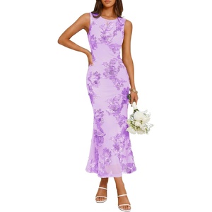 ZESICA Womens 2026 Summer Floral Wedding Guest Midi Dress Sleeveless Mesh Slit Bodycon Formal Cocktail Party Dresses(Purple)