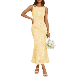 ZESICA Womens 2026 Summer Floral Wedding Guest Midi Dress Sleeveless Mesh Slit Bodycon Formal Cocktail Party Dresses(Yellow)